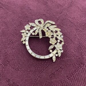 Silver Floral and bow Crown Trifari Brooch with Crystal Accents